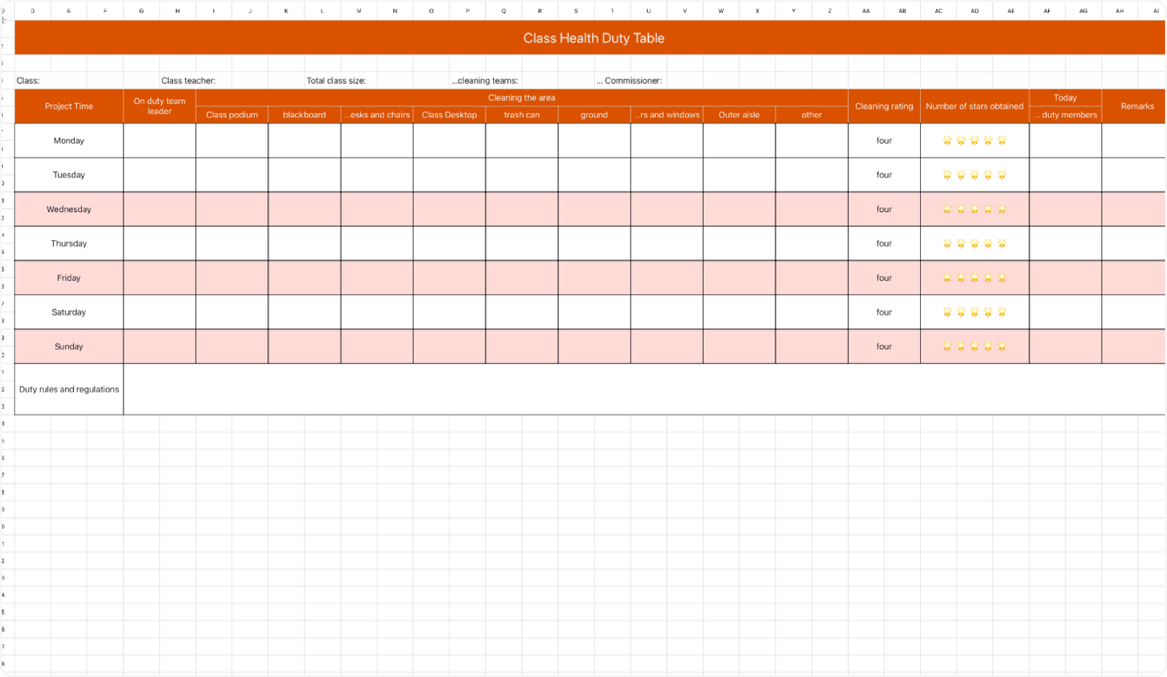 Class Health Duty Table 1